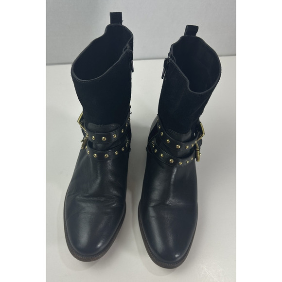Coach Lilliana Leather Ankle Moto Boots Size 7.5 B Gold Studded Buckle Shoes - Picture 15 of 16